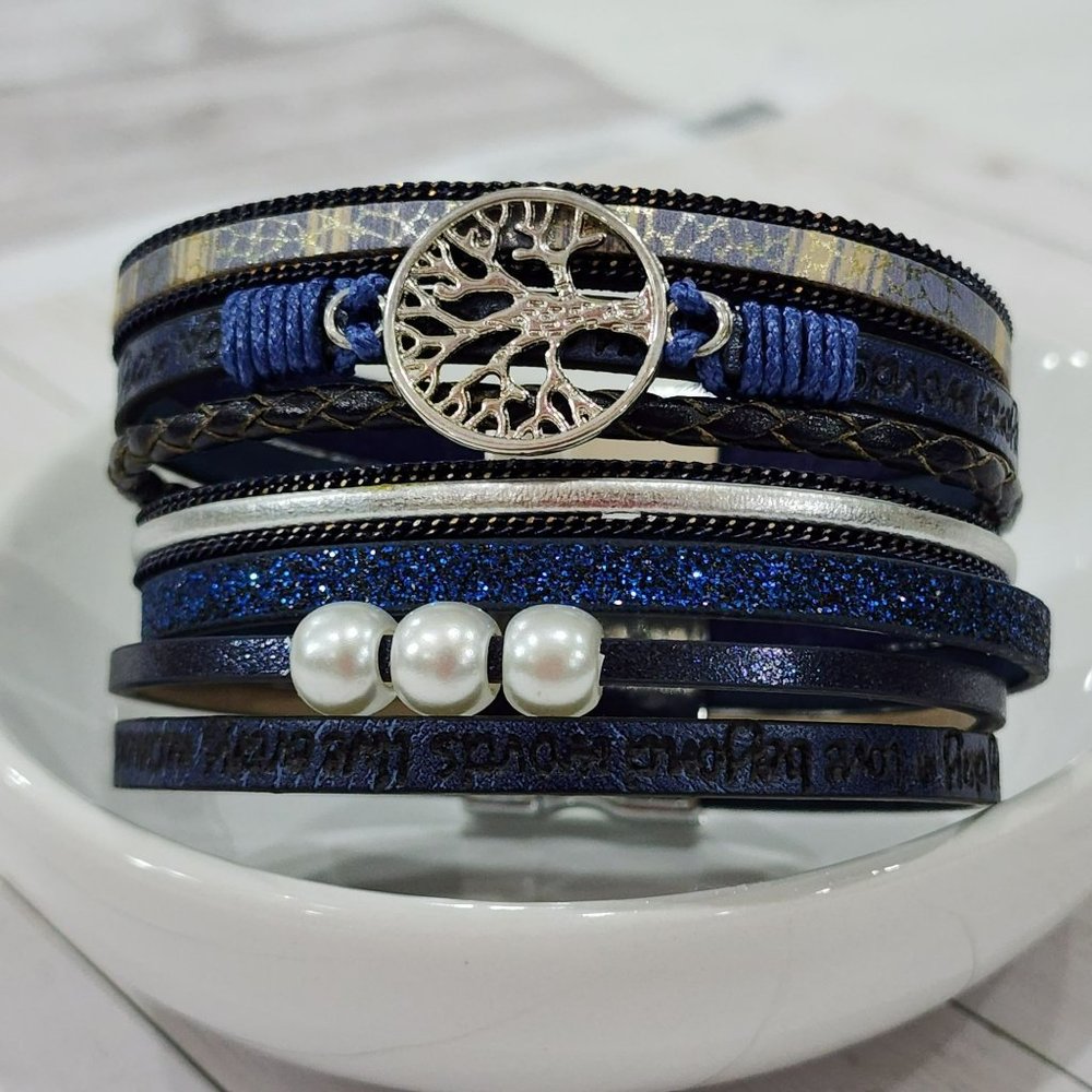 Multilayer Leather‎ Bangle Magnetic Clasp Bracelet for Men or Women 7.5in Blue